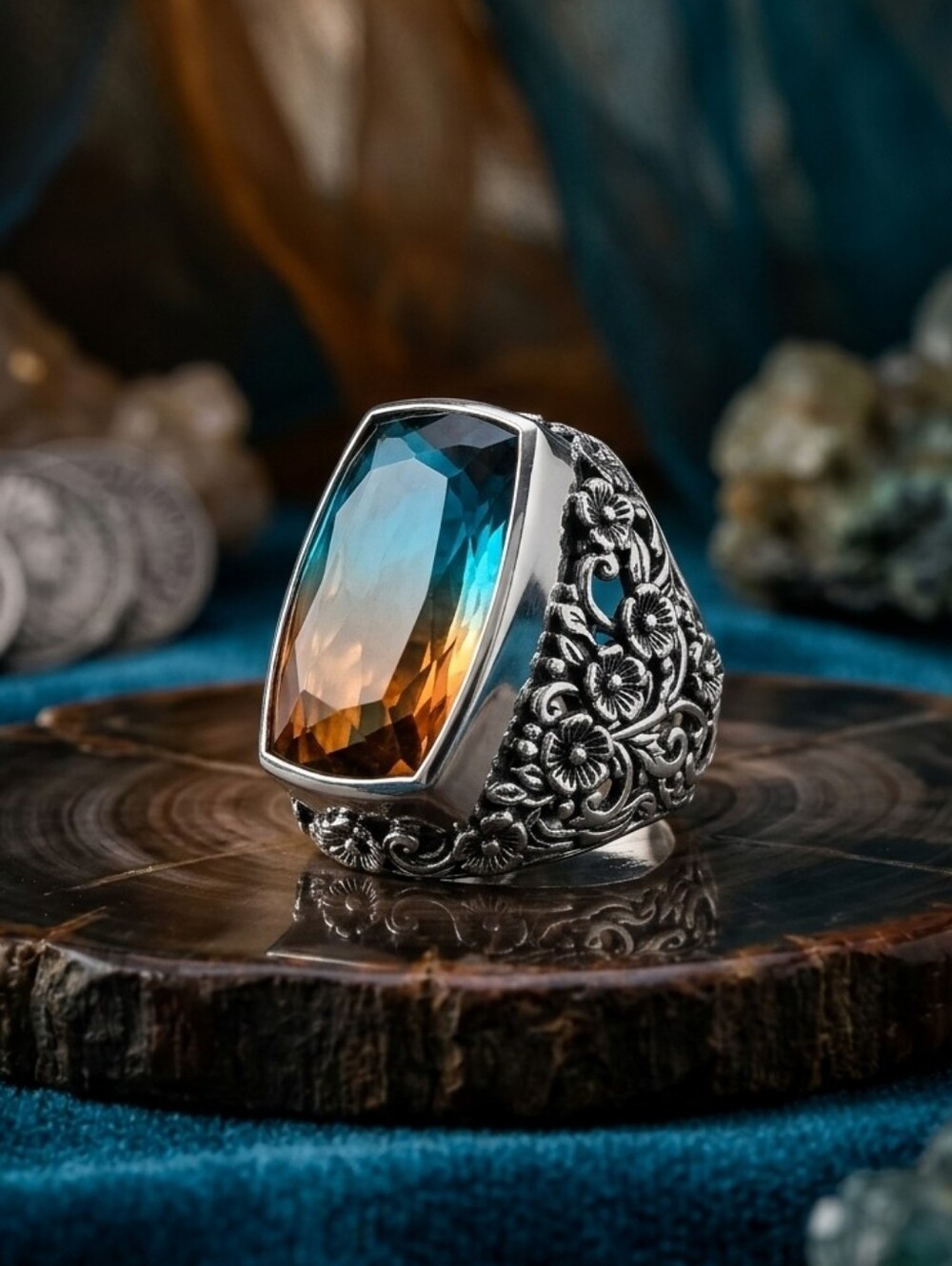 Aqua Terra Costa Quartz (Triplet) Solitaire Sterling Silver Ring 19.35 CTW